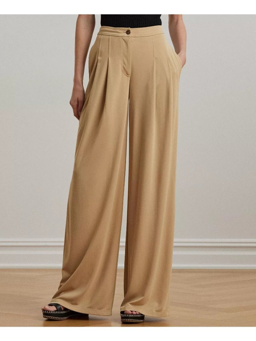 LAUREN RALPH LAUREN Pleated Stretch Jersey Wide-Leg Pants Tan Size 12 (QTY2) NWT